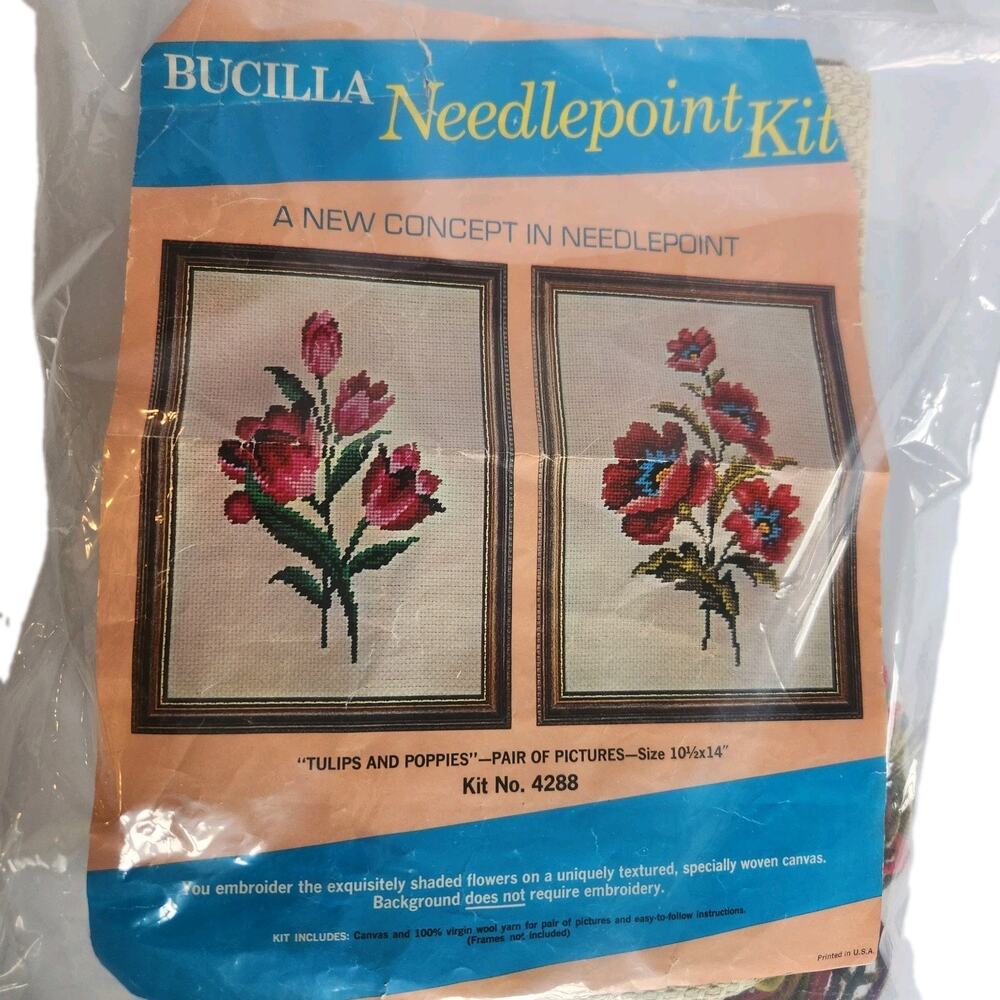 Vintage 70s Bucilla Needlepoint Tulips & Poppies Kit #4288 10.5"x14" Pair READ